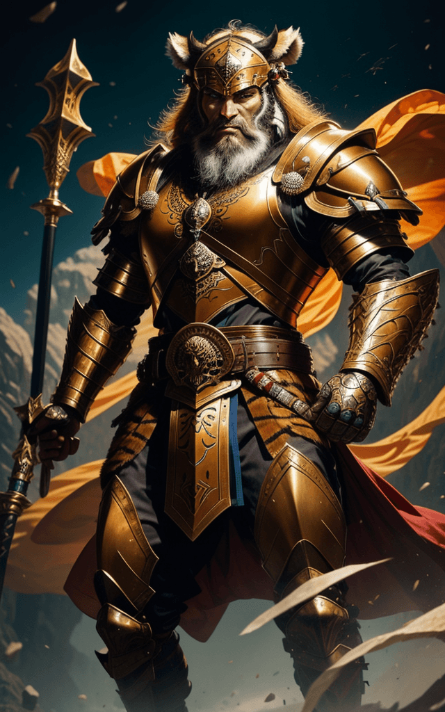 AI generated: Rostam of Shahnameh , mascular man with (( armor made of tiger skin )) ,  ( helmet of skull with hor...