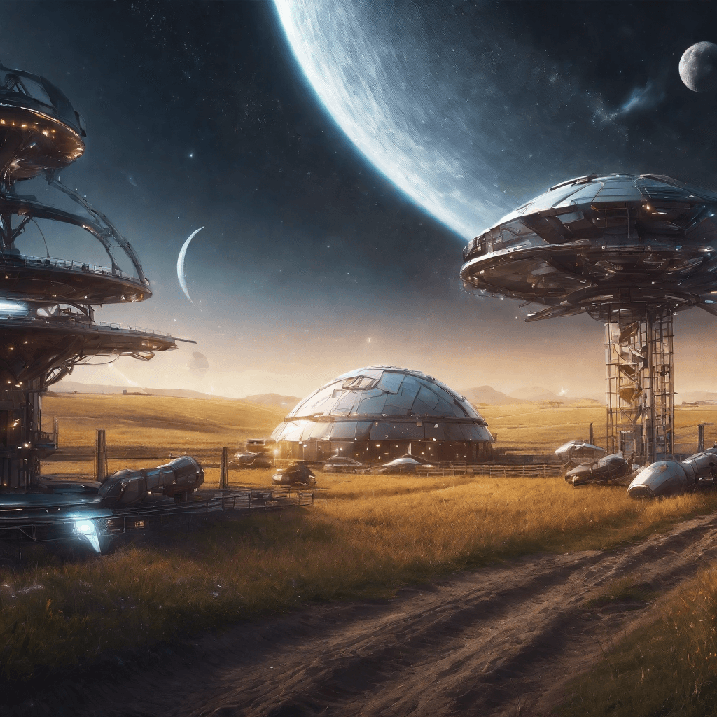 AI generated: A science fiction picture ,A farm under a transparent protective dome on another planet ,scifi techn...