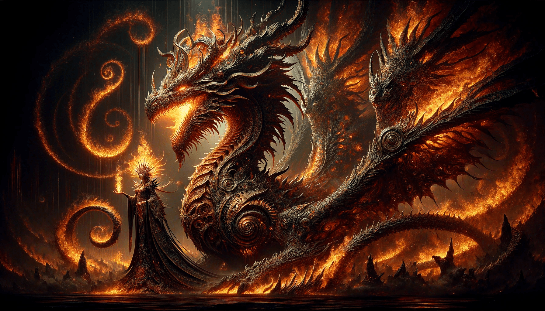 AI generated: Craft a hyper-maximalist, detailed cinematic painting of a majestic fire dragon and its queen, in th...