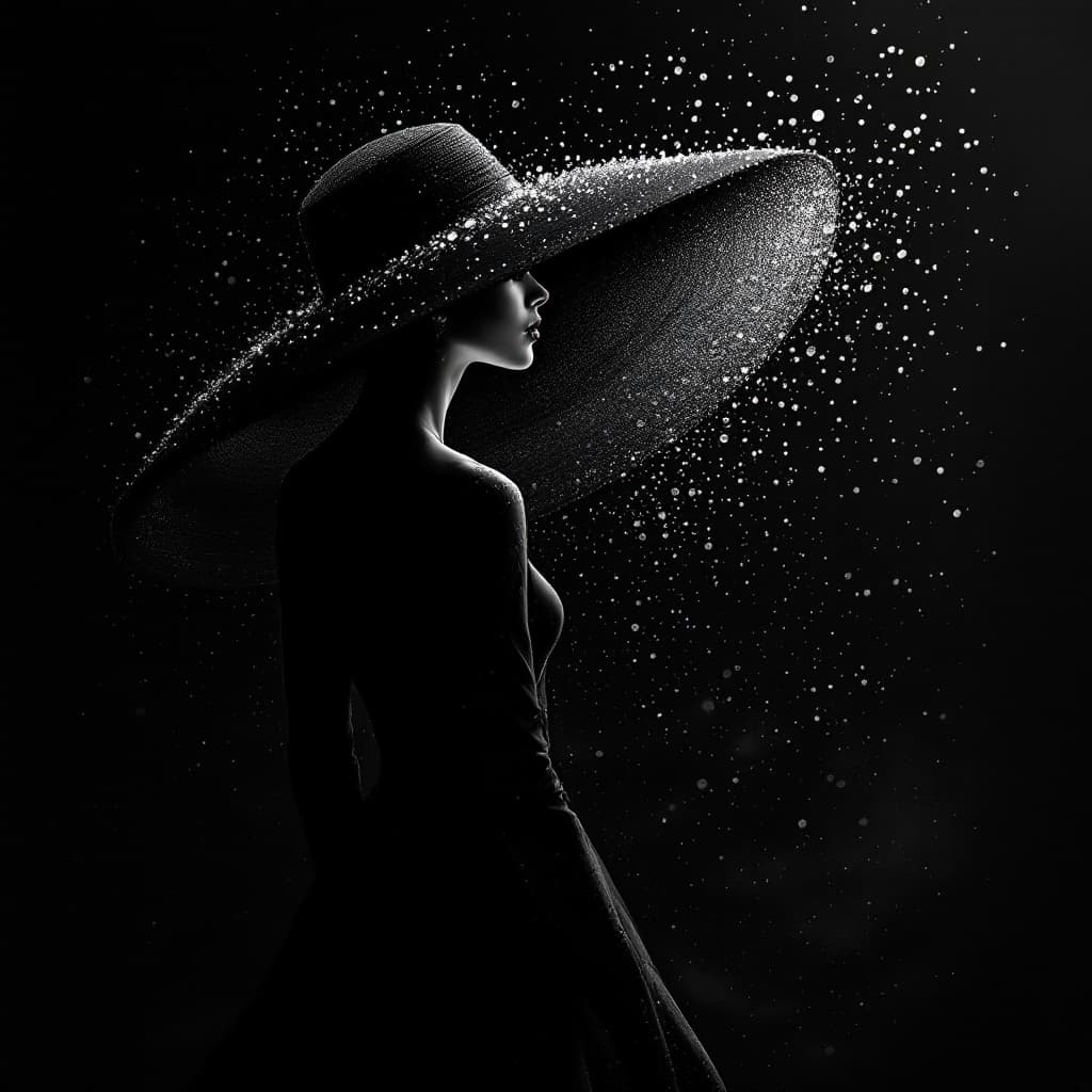 AI generated: a woman in a black dress is wearing a big hat to the right, in the style of clever use of negative s...