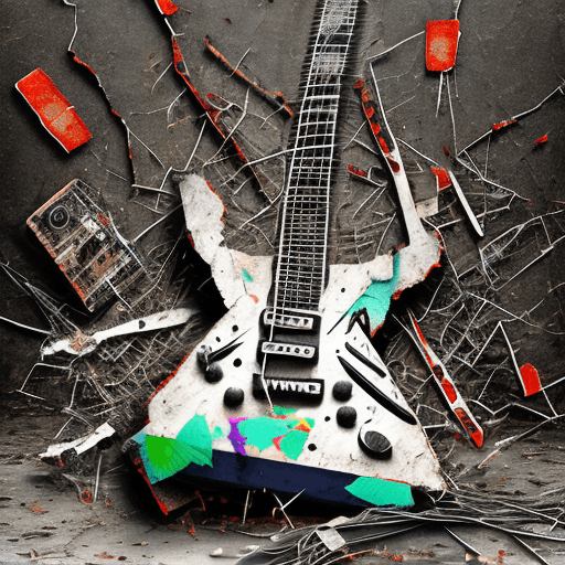 AI generated: Generate a symbolic scene featuring a broken electric guitar in the foreground, with snapped strings...