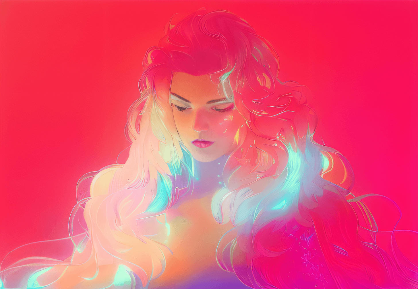 AI generated: a close up of a woman with long white hair and a red light, jen bartel, glowwave girl portrait, insp...