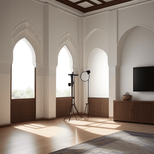 AI generated: photography, Islamic Andalusia, front shot with eye level, full-frame DSLR camera, living room, the ...