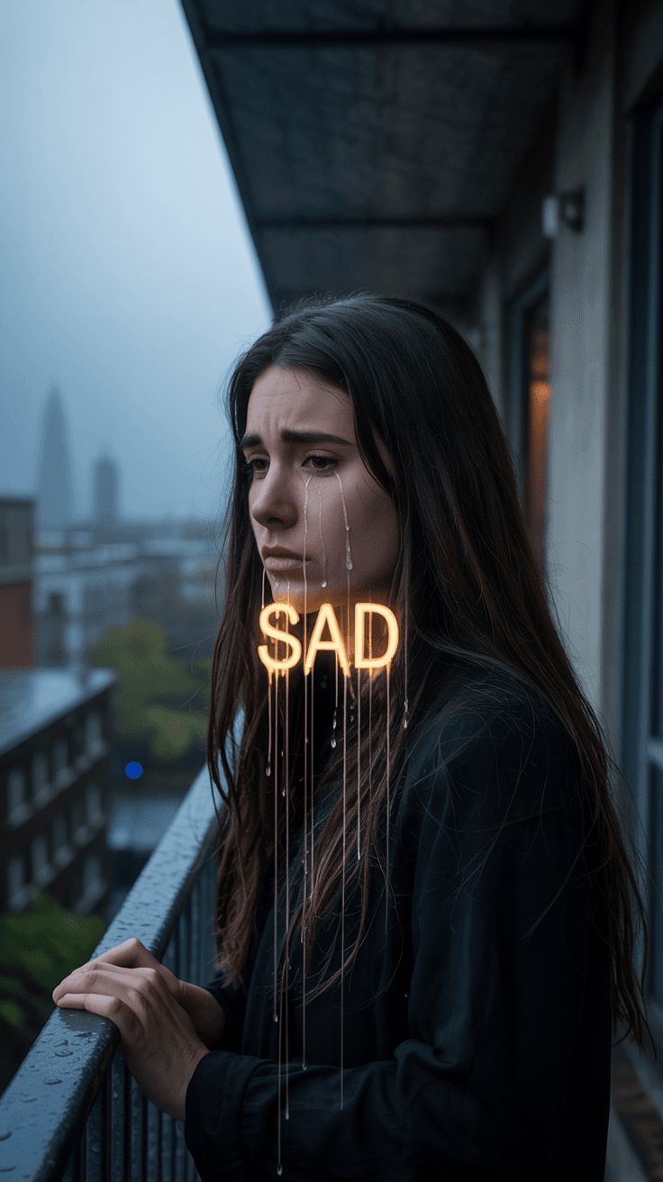 AI generated: double exposure,a woman crying at balcony of an apartment,her teardrops form typograpghy “Sad” on ai...