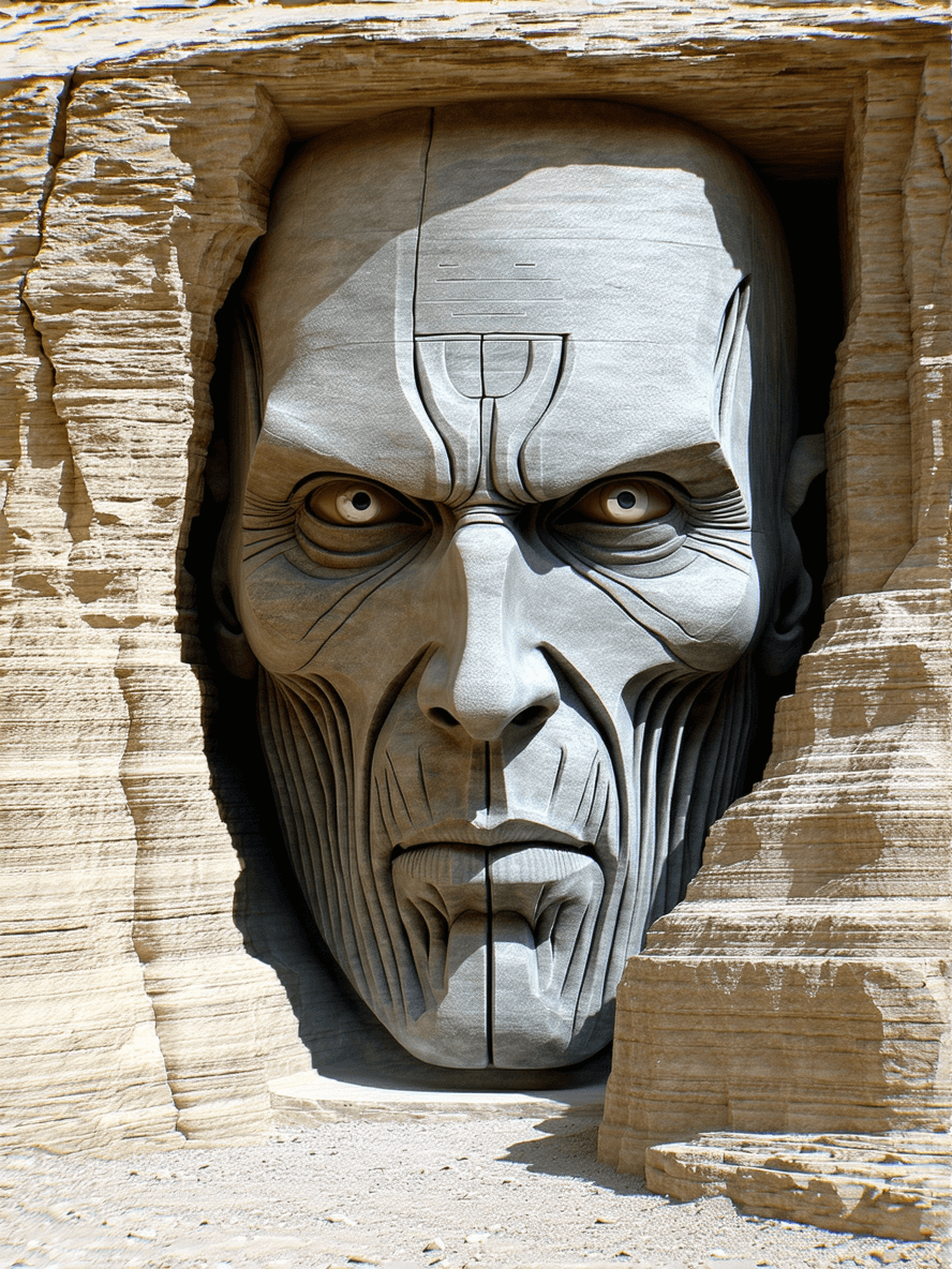 AI generated: A large humanoid face with detailed and complex features etched into highly  textured stone, in a de...