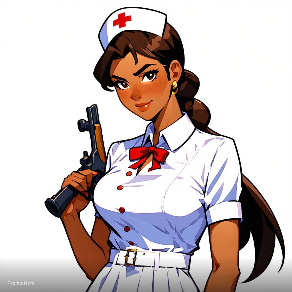 AI generated: Create an image of a girl wearing hot nurse dress with a hunter on her hand and it should be anime. ...