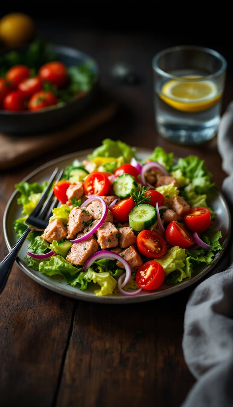 AI generated: A casually prepared tuna salad served on a rustic wooden table at night. The salad consists of fresh...