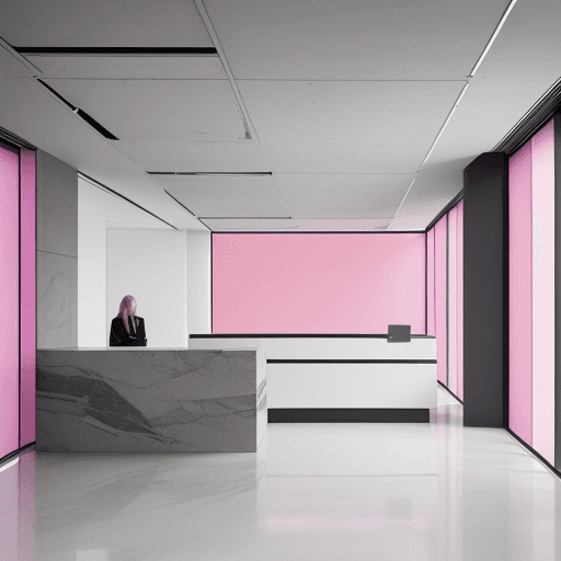 AI generated: architectural photography, perspective, interior space, vertical light panels transition from pink t...