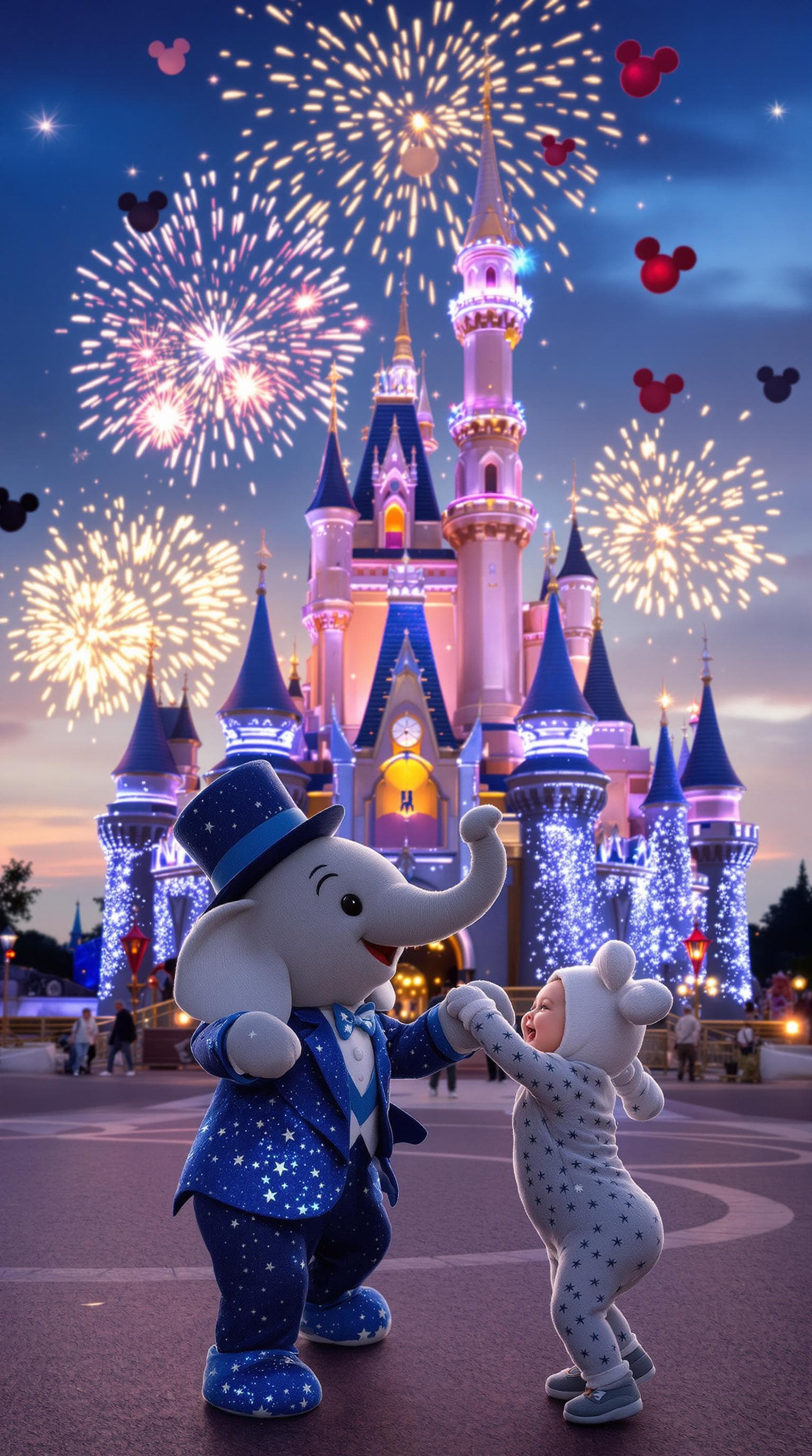 AI generated: A tiny baby elephant in a glittering blue tuxedo and bowler hat, gracefully dancing with a giggling ...