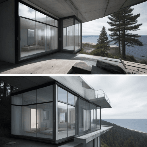 AI generated: hyper-realistic modular house where the walls are made of windows and Bauhaus-style concrete on a cl...