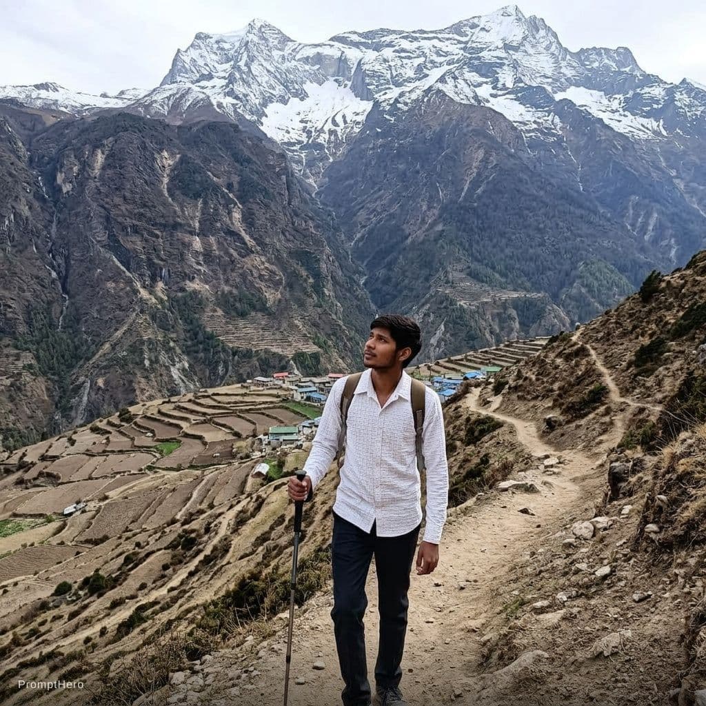 AI generated: A slim guy walking traking in a nepal moutain 