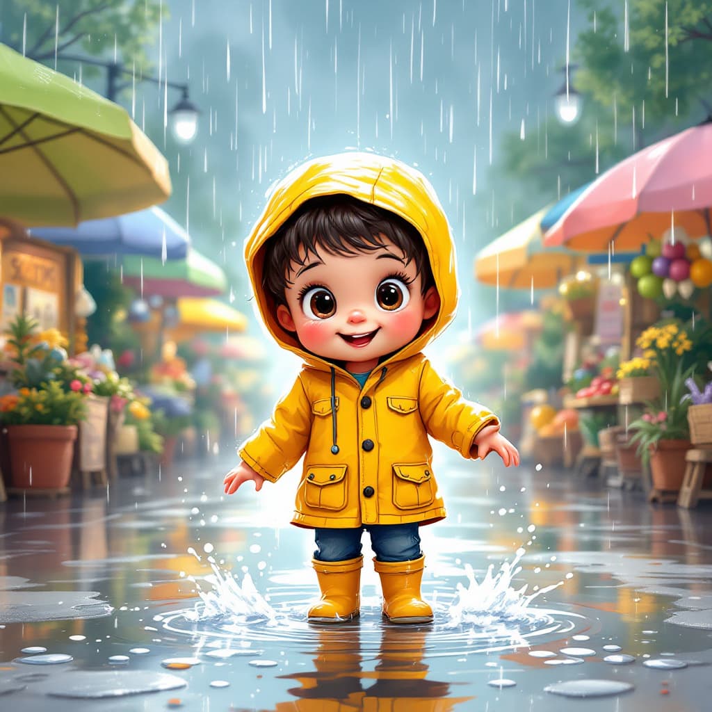 AI generated: A wide-eyed toddler in a raincoat and boots, splashing in puddles while exploring a colorful street ...