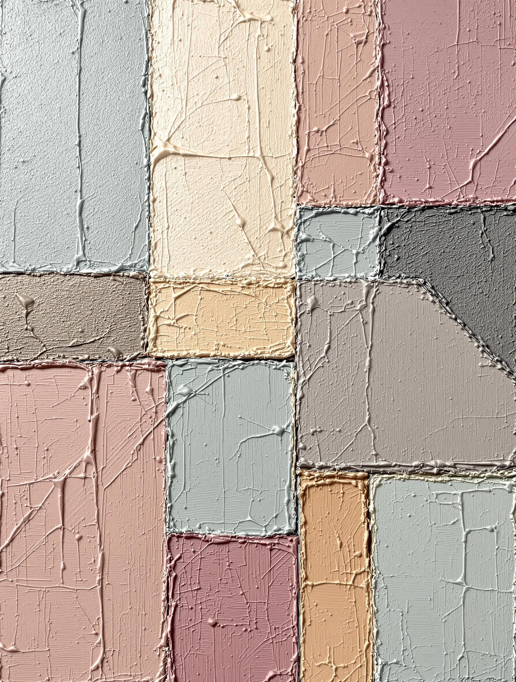 AI generated: Thick oil impasto geometric composition::3 in desaturated mauve, sand beige and misty teal::4, visib...