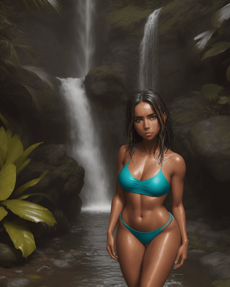 AI generated: Full body, Latina, tan, toned body, soaking wet, dark hair with teal highlights, freckles, pouting, ...