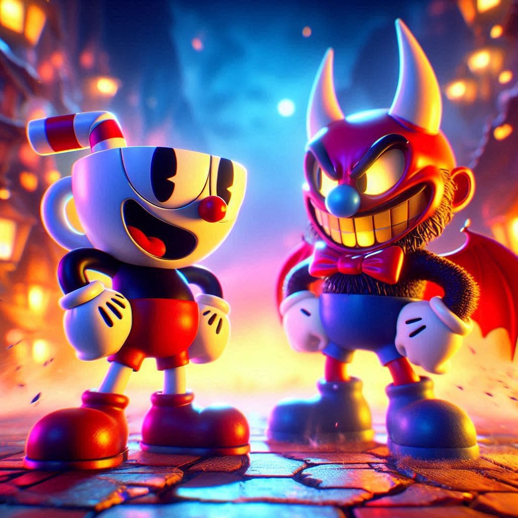 AI generated: villano de cuphead vs el diablo gameplay 3d render, fondo desenfocado, colores vivos y vibrantes, re...