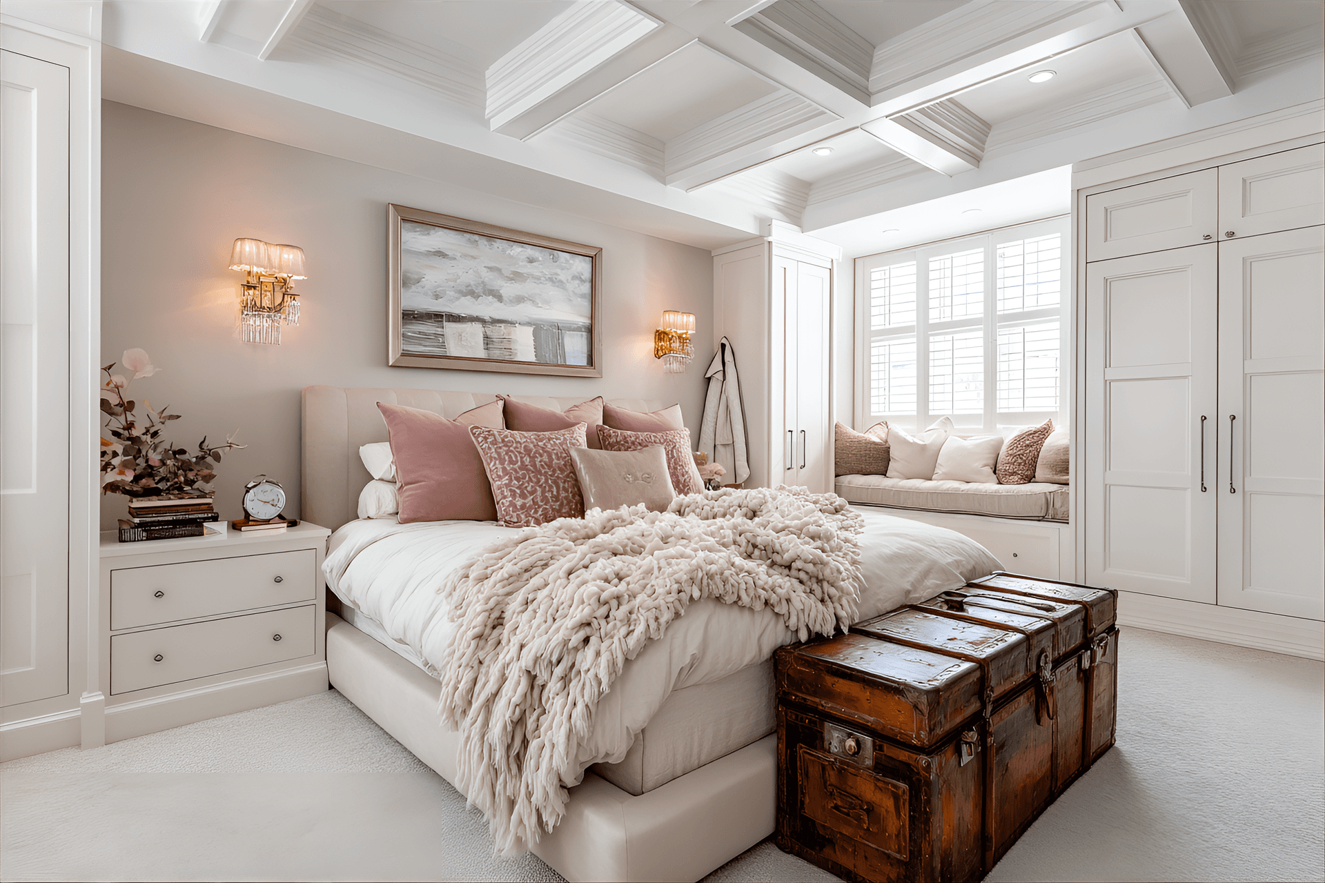 AI generated: photography, bedroom design featuring a bed with storage drawers, large mirror, and decorative sconc...