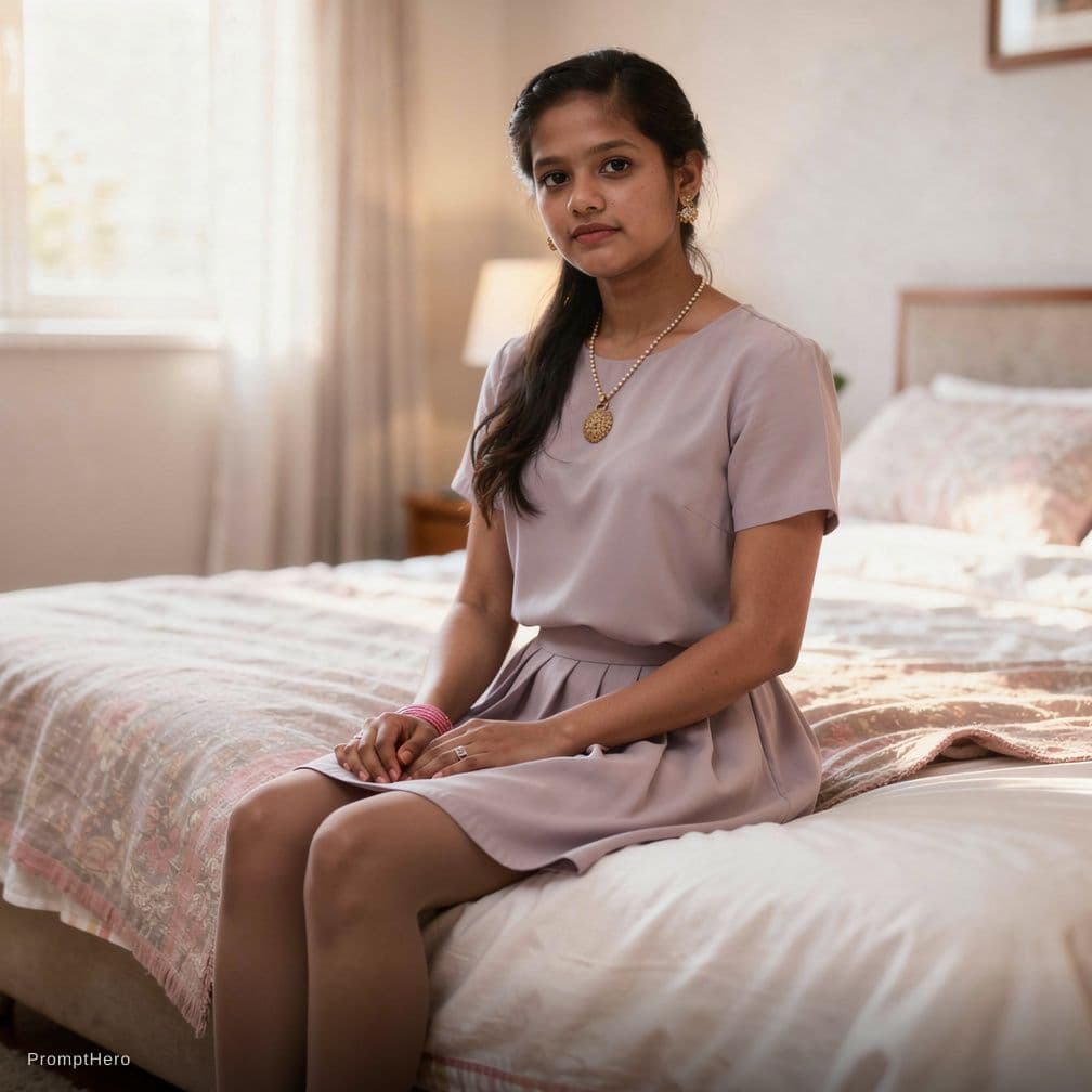 AI generated: a photorealistic, soft-focus indoor boudoir/gravure-style portrait of a petite, beautiful young Asia...