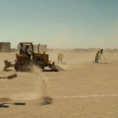 AI generated video: "A wide-angle, documentary-style photograph of a dusty, barren empty lot in Tijuana, Baja California...
