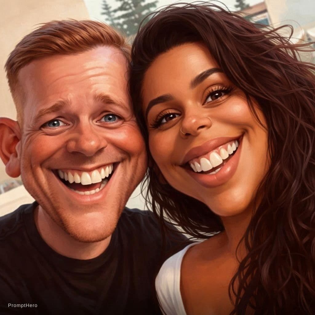 AI generated: funny caricature, adult man and woman (input Image), mid-30's, big cartoonish head, exaggerated cari...