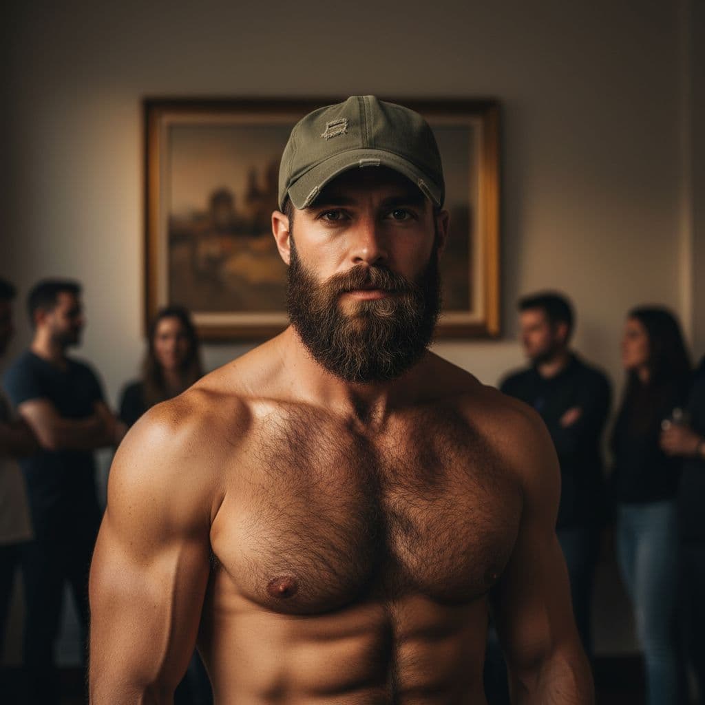 AI generated: a man with a full beard and a green baseball cap, shirtless, with prominent chest hair.  hyperrealis...