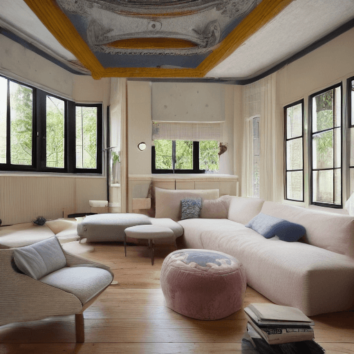 AI generated: High resolution photography interior design, dreamy sunken living room conversation pit, wooden floo...