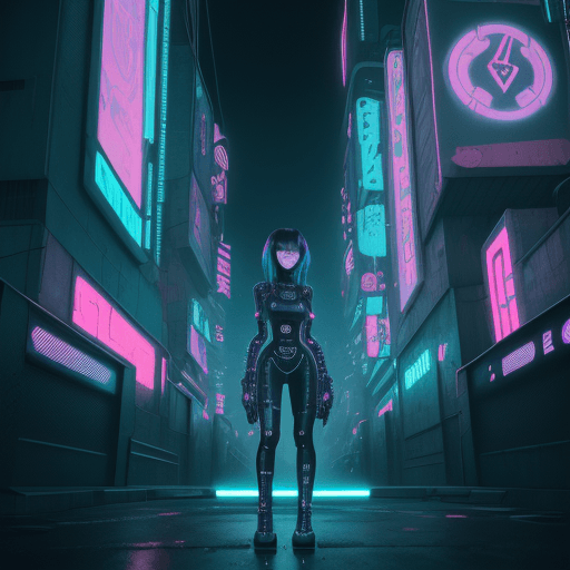 AI generated: girl of the future standing in a panoramic cyberpunk street, futuristic design, electronic artwork, ...