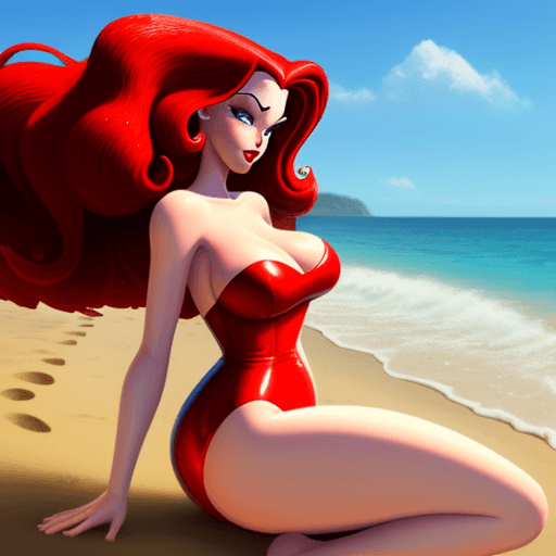 AI generated: Jessica rabbit at the beach, searching for her towel.
