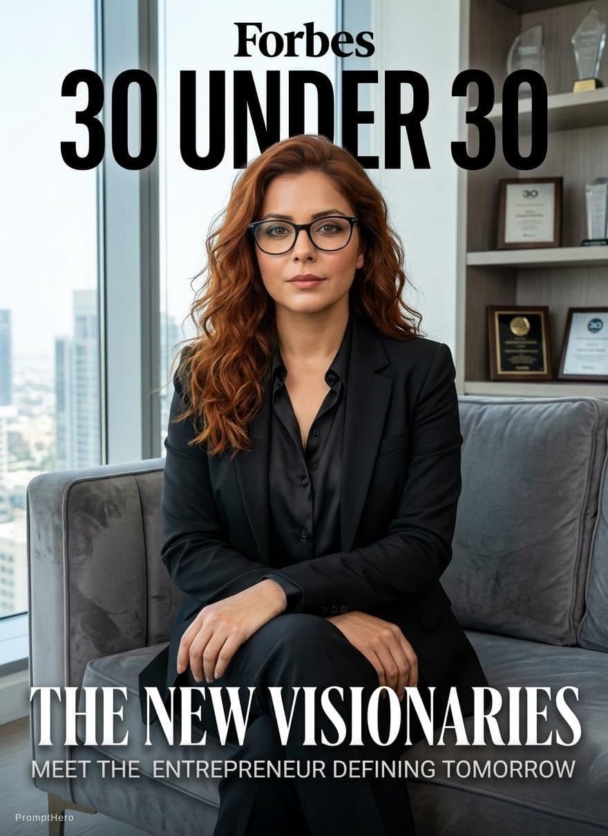 AI generated: Create a hyper-realistic Forbes “30 Under 30” magazine-style portrait of the same woman from the ref...
