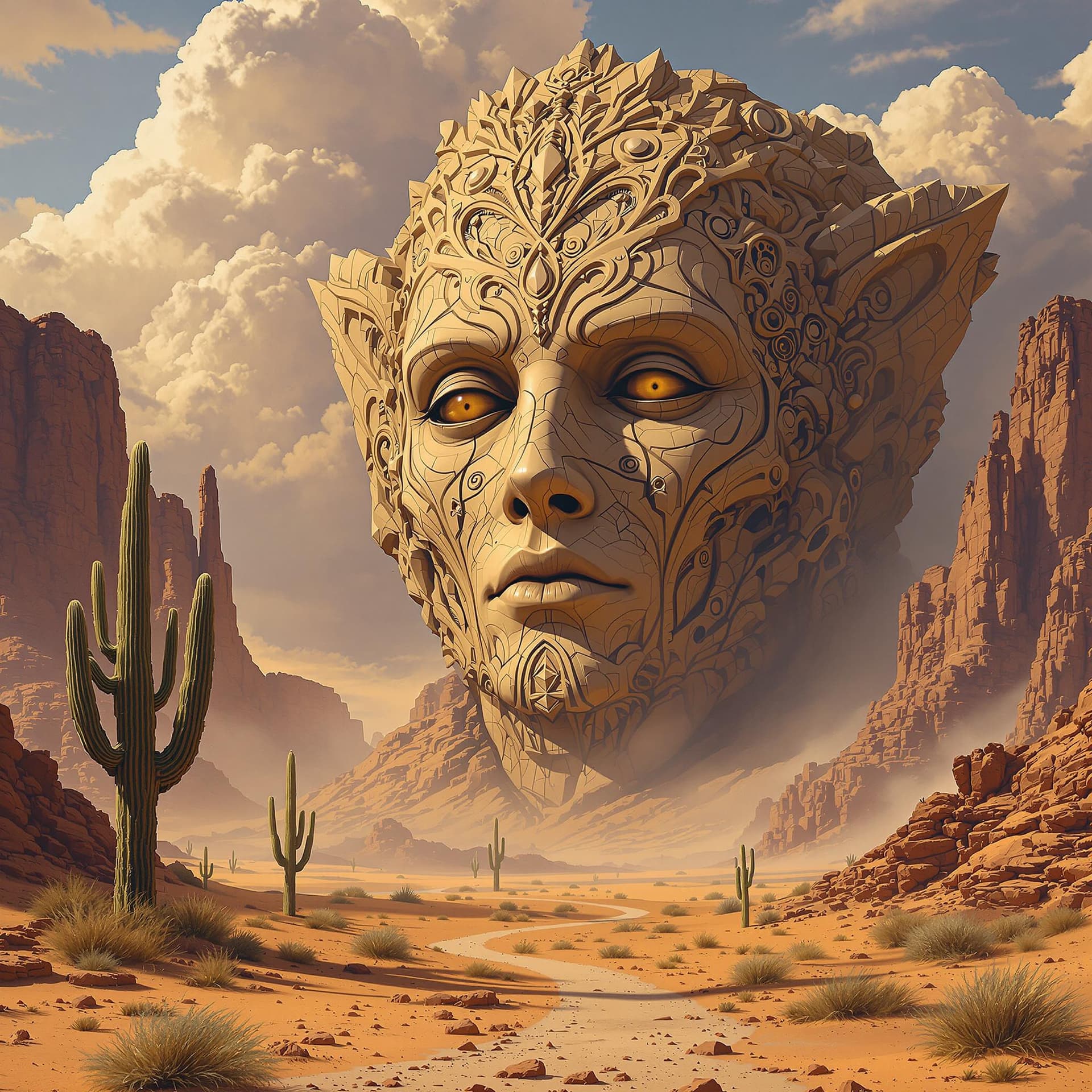 AI generated: large humanoid face with detailed and complex facial in the desert, a fantasy landscape in the style...