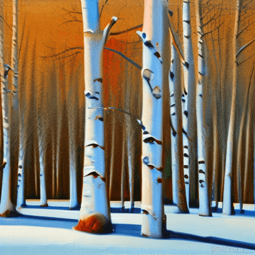 AI generated: a painting of some trees in the snow, an oil painting, shutterstock, american scene painting, birch ...