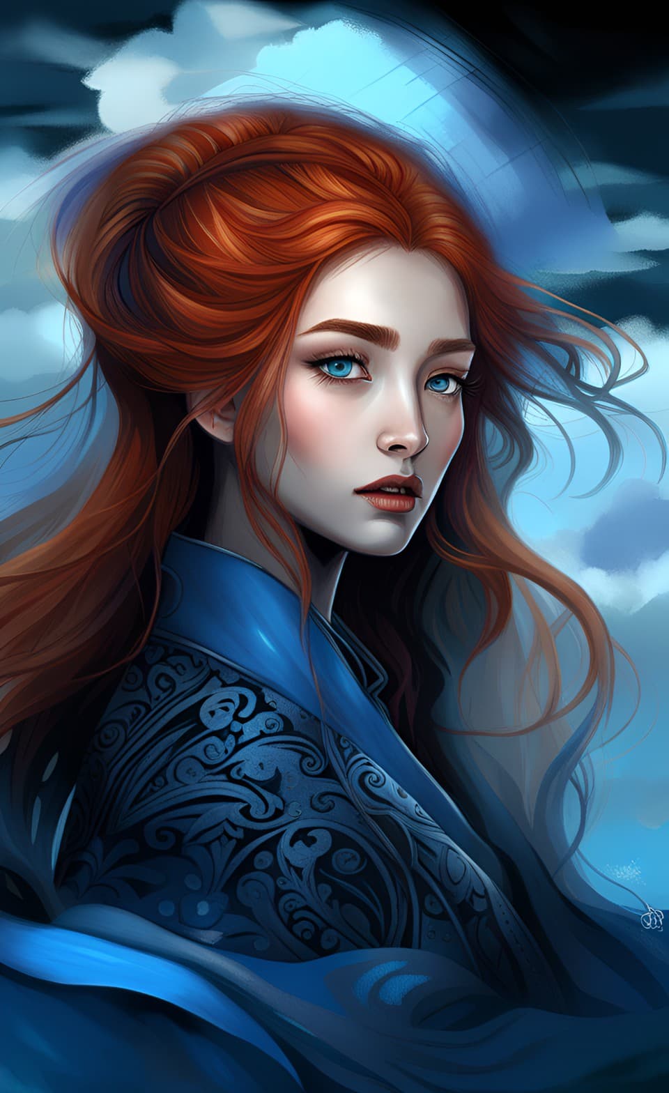 AI generated: gorgeous young woman portrait, auburn long hair, goddess, sky blue eyes, dreamy expression, digital ...