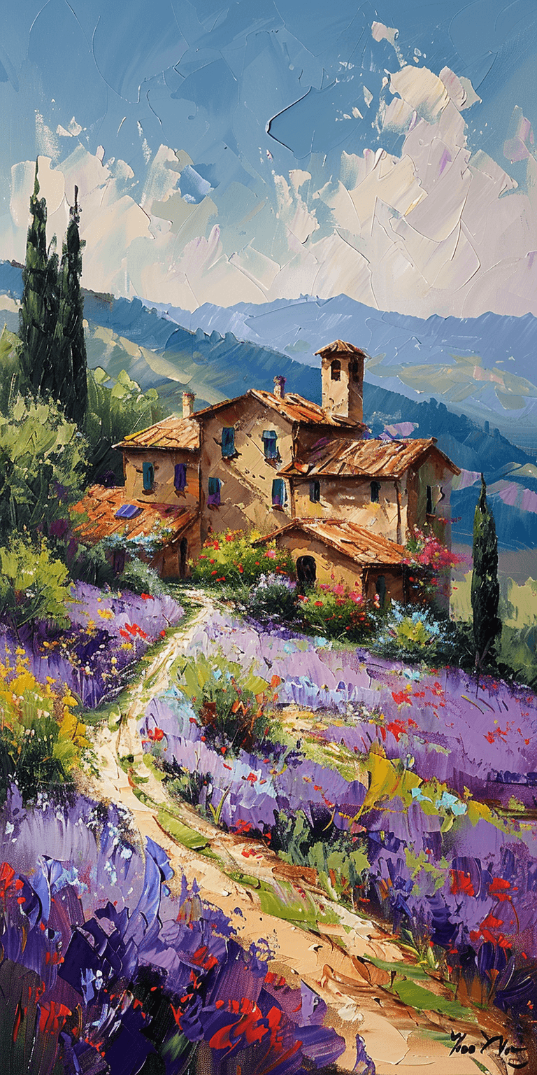AI generated: impressionist painting on canvas of Tuscany, beautiful landscape with Tuscan farmhouse, in the style...