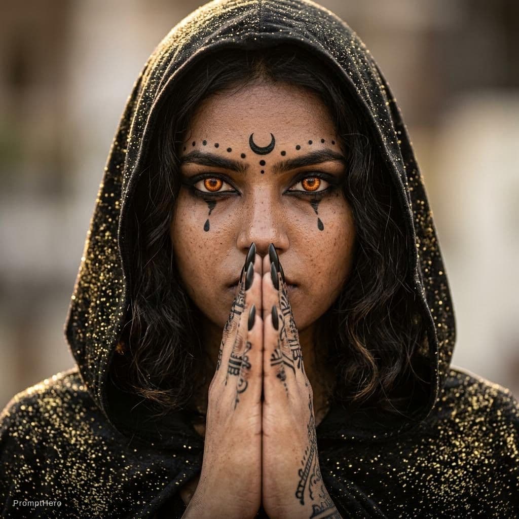 AI generated: "A highly detailed, photorealistic portrait of a mysterious woman with intense glowing amber-orange ...