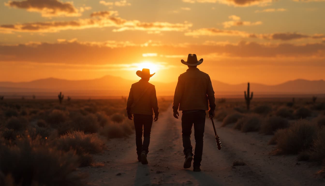 AI generated: Estilo tipo western. Paisaje: desierto al atardecer. Un hombre en vista a distancia, distant view, c...