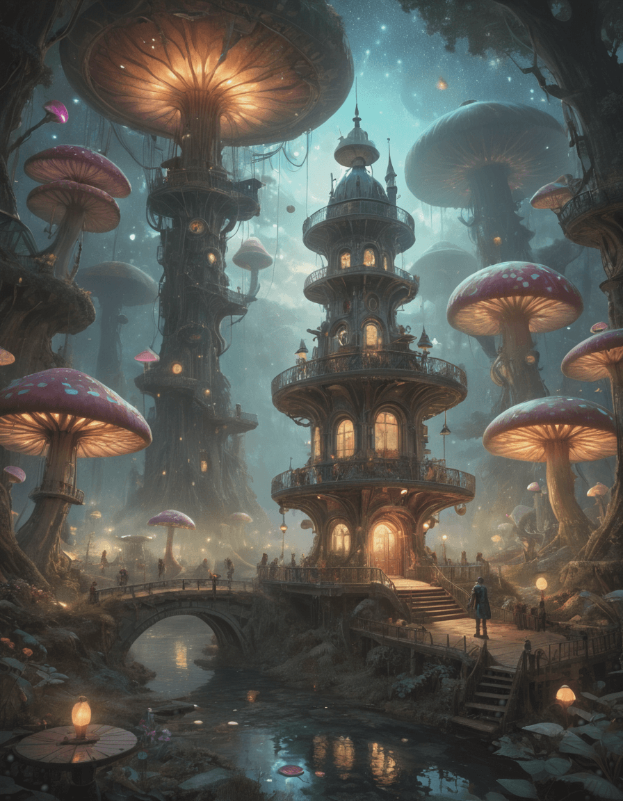AI generated: A whimsical forest with floating jellyfish that glow in neon colors, surrounded by oversized mushroo...