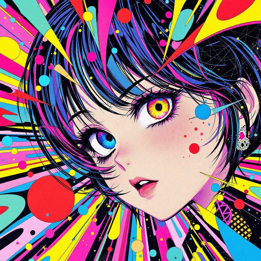 AI generated: 
by mika pikazo, anime pop art, revenge pop,
colorful bright eyes, miku