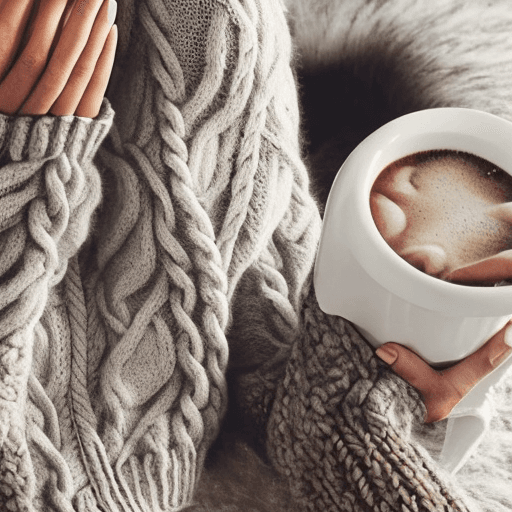 AI generated: Imagine a winter scene with a woman sitting on a cozy armchair in front of a fireplace. She is weari...
