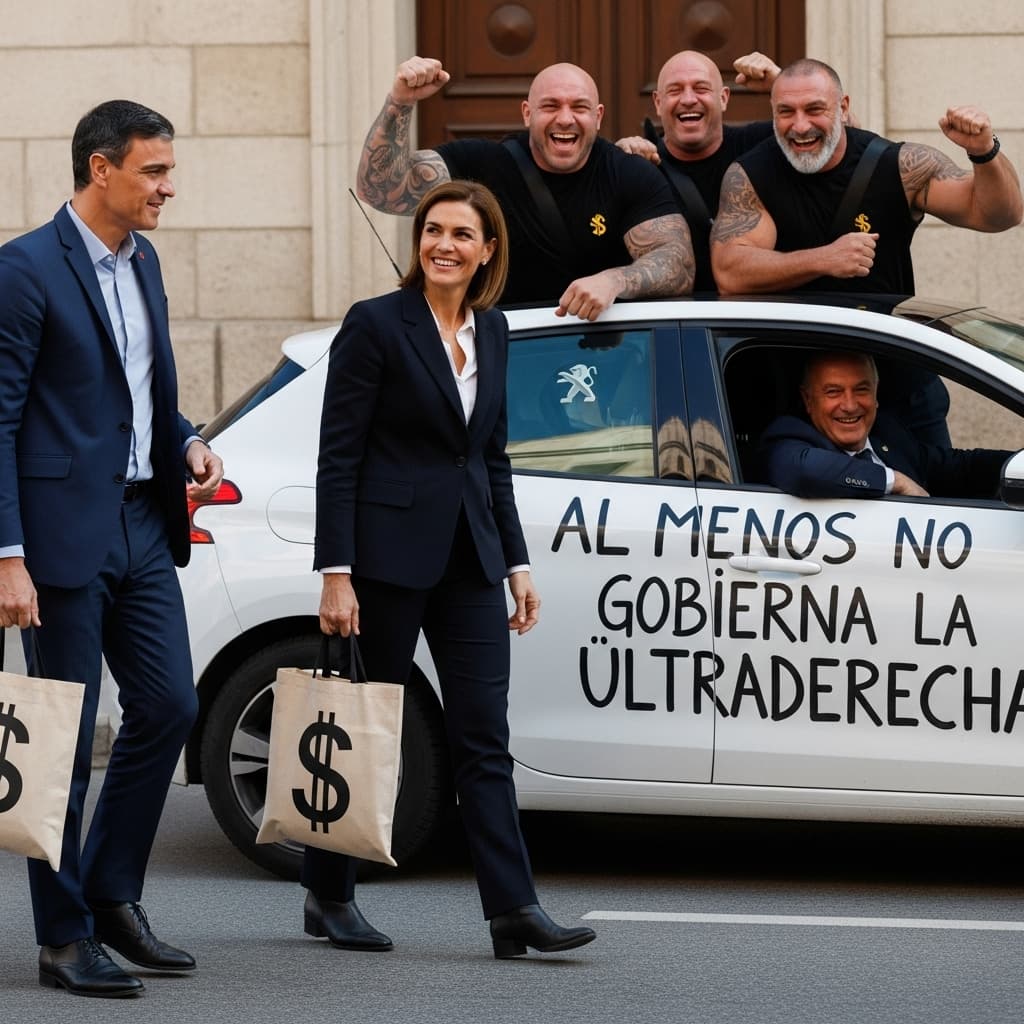 AI generated: Pedro Sanchez (President of Spain) with his wife and his brother, with bags with the $ symbol. Behin...