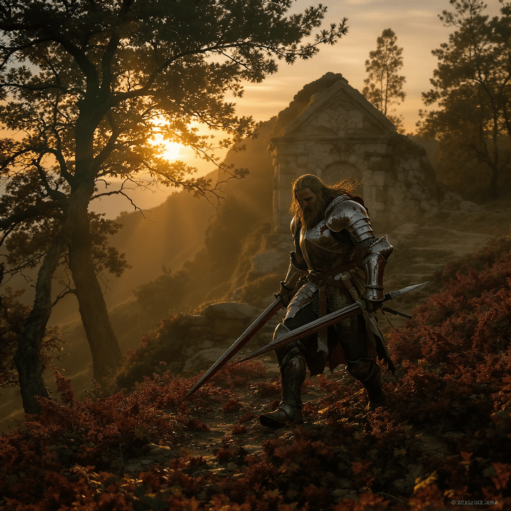 AI generated: A medieval knight, Sir Kaelen, in damaged and bloody armor, limps across a small hilltop in front of...