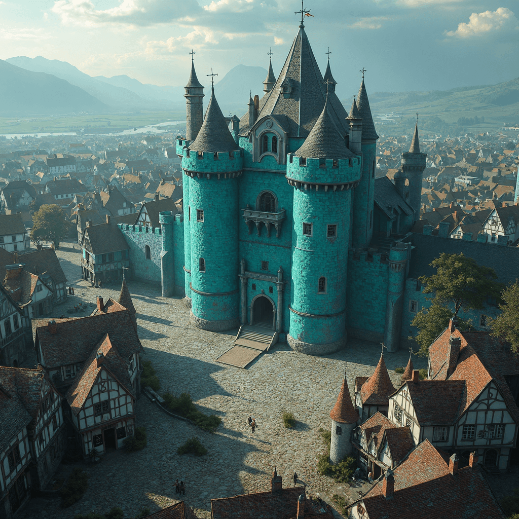 AI generated: From a bird's-eye view, a medieval town sprawls with cobbled streets, stone houses, and bustling mar...