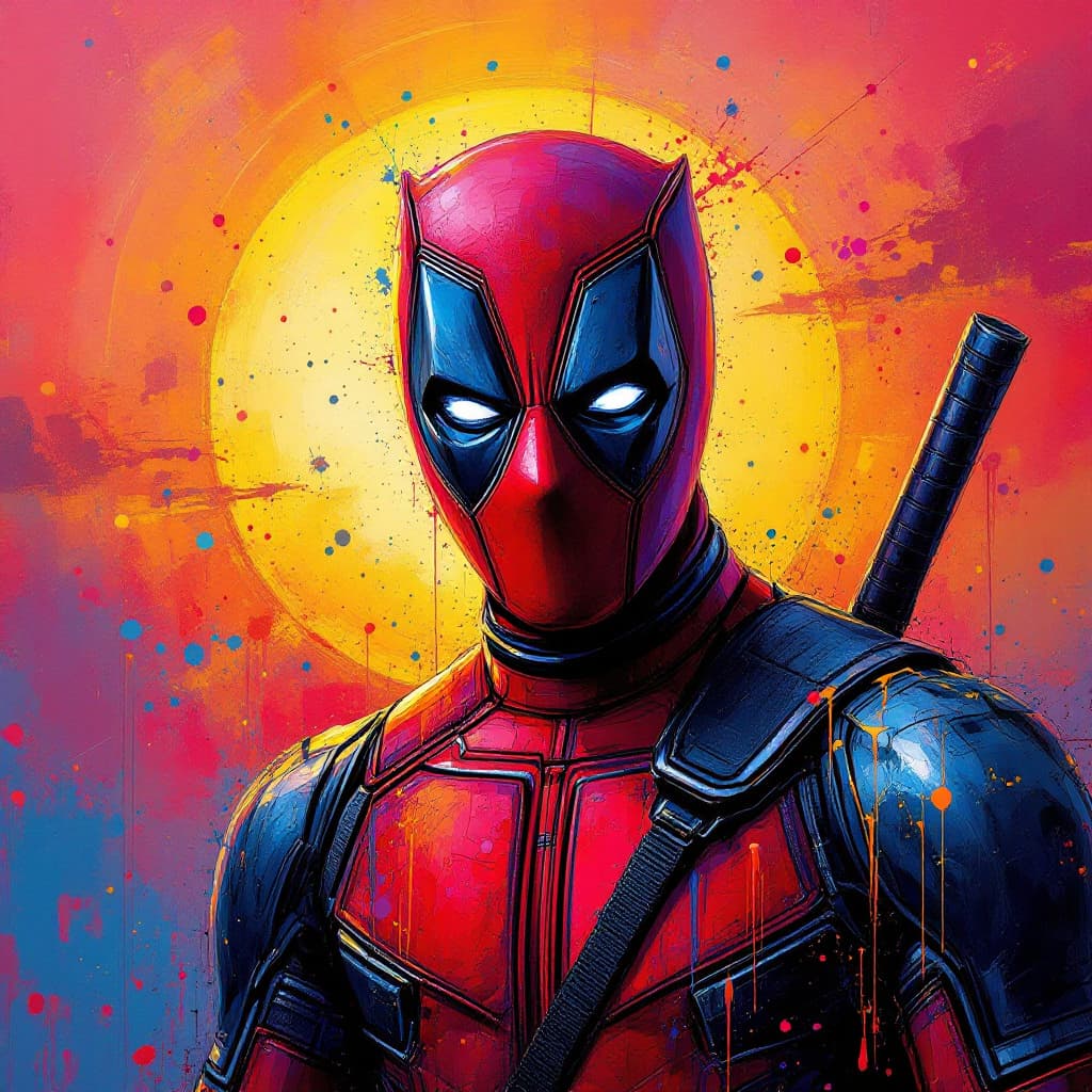 AI generated:  art painting, portrait of deadpool abstract painting modern art, very colorful, futuristic, paint s...