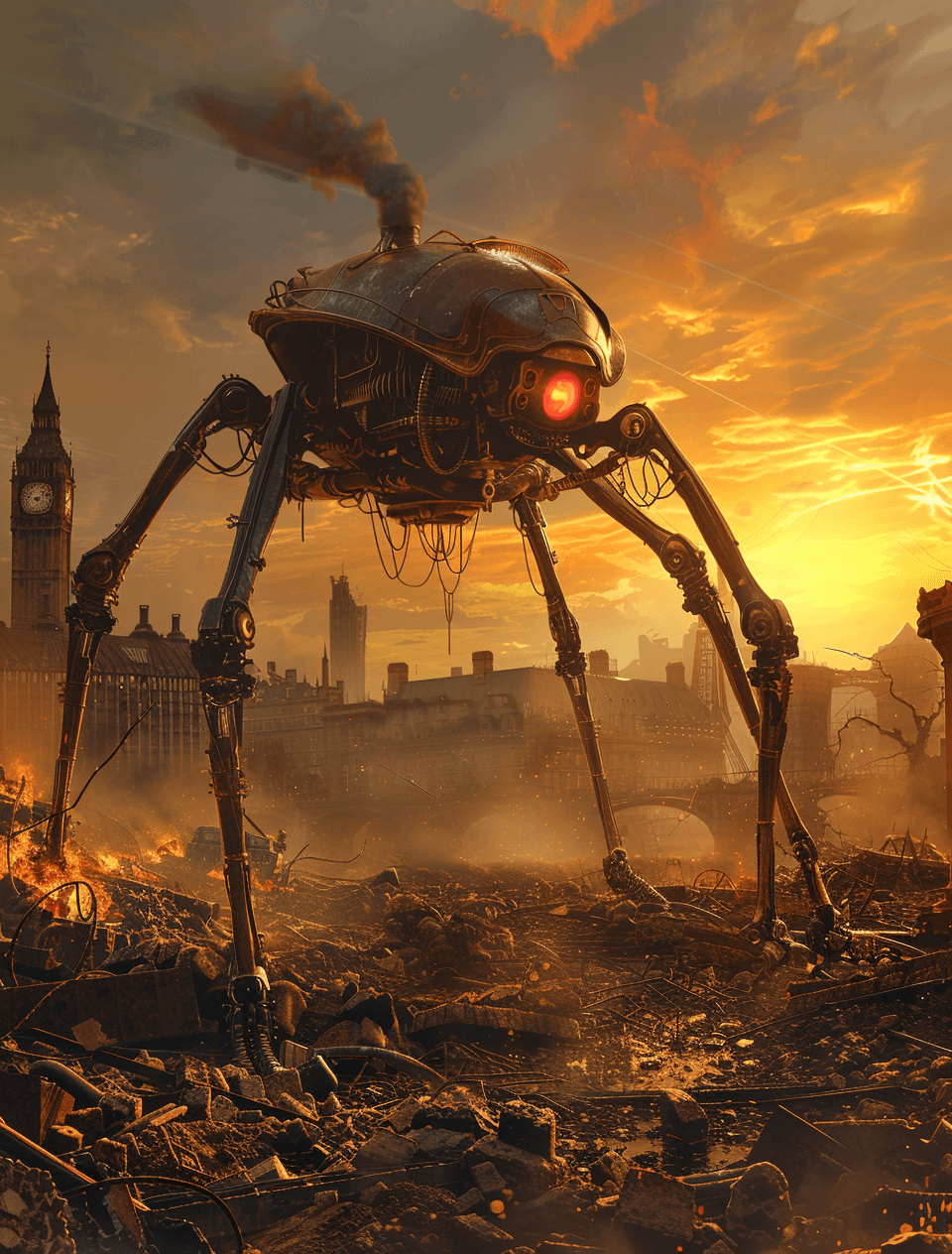 AI generated: The War of the Worlds in the style of Zdzislaw Beksinski and Maxfield Parrish and Richard Hescox. An...