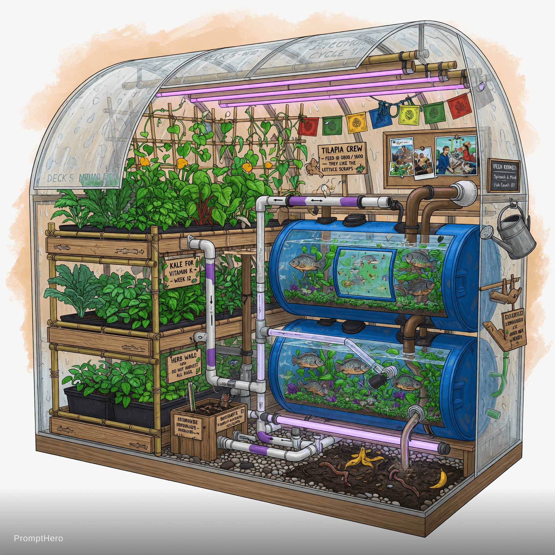 AI generated: Highly detailed technical interior cutaway view of the lush Aquaponics Greenhouse on Deck 5 of Proje...