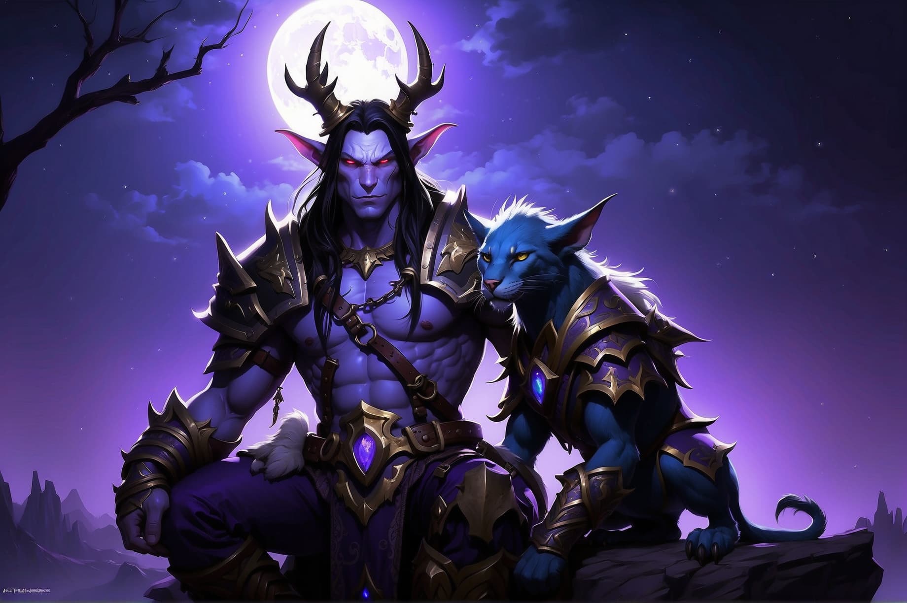 AI generated: In a breathtakingly detailed oil painting, a majestic World of Warcraft night elf Hunter and his loy...