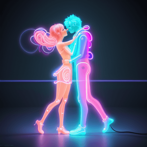 AI generated: FULL BODY CILUETTE A SOULMATE COUPLE TWISTING AND KISSING BOTH EMANATING NEON LIGHT AND SOME BEAMS O...