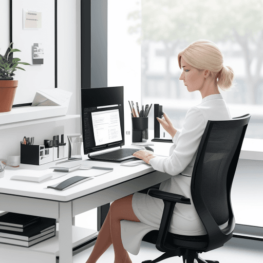 AI generated: Modern, minimalist workspace, focused designer woman at a white desk, surrounded by objects of produ...
