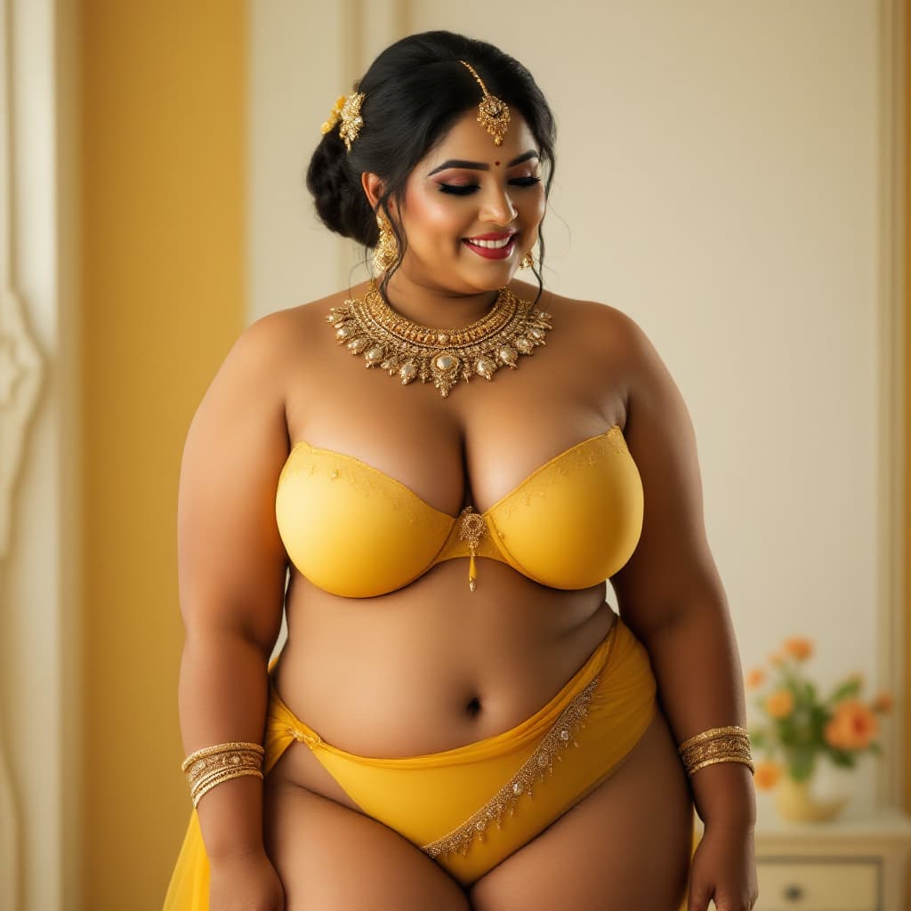AI generated: Transparent yellowblack  plus size Indian bride woman  without blouse and undergarments, tight full ...