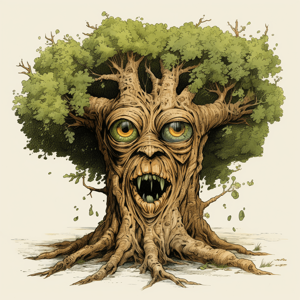 AI generated: comical illustration of a tree with its eyes covered, in the style of gestural markings, art of the ...
