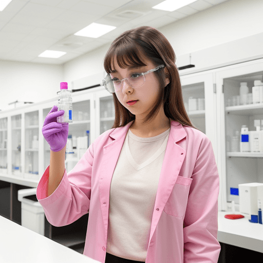 AI generated: girl in pink lab coat examining vials laboratory background<lora:iu__v2:0. 8>, iu1,