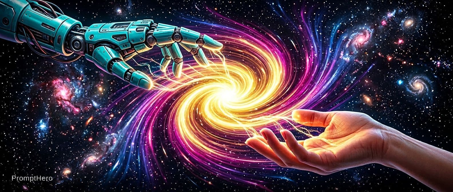 AI generated: 2 Hands. Hand 1: Robot hand, colour turquois metal, relaxed open palm downward. Hand 2: Human, femal...